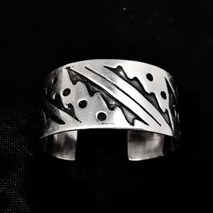 Vintage Heavy Etched Sterling Silver Native American Cuff Bracelet